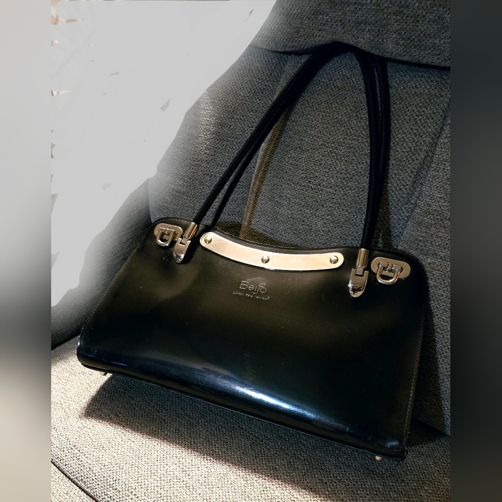 Beijo Glossy Black Shoulder Bag With Gold Hardware & Turn Locks